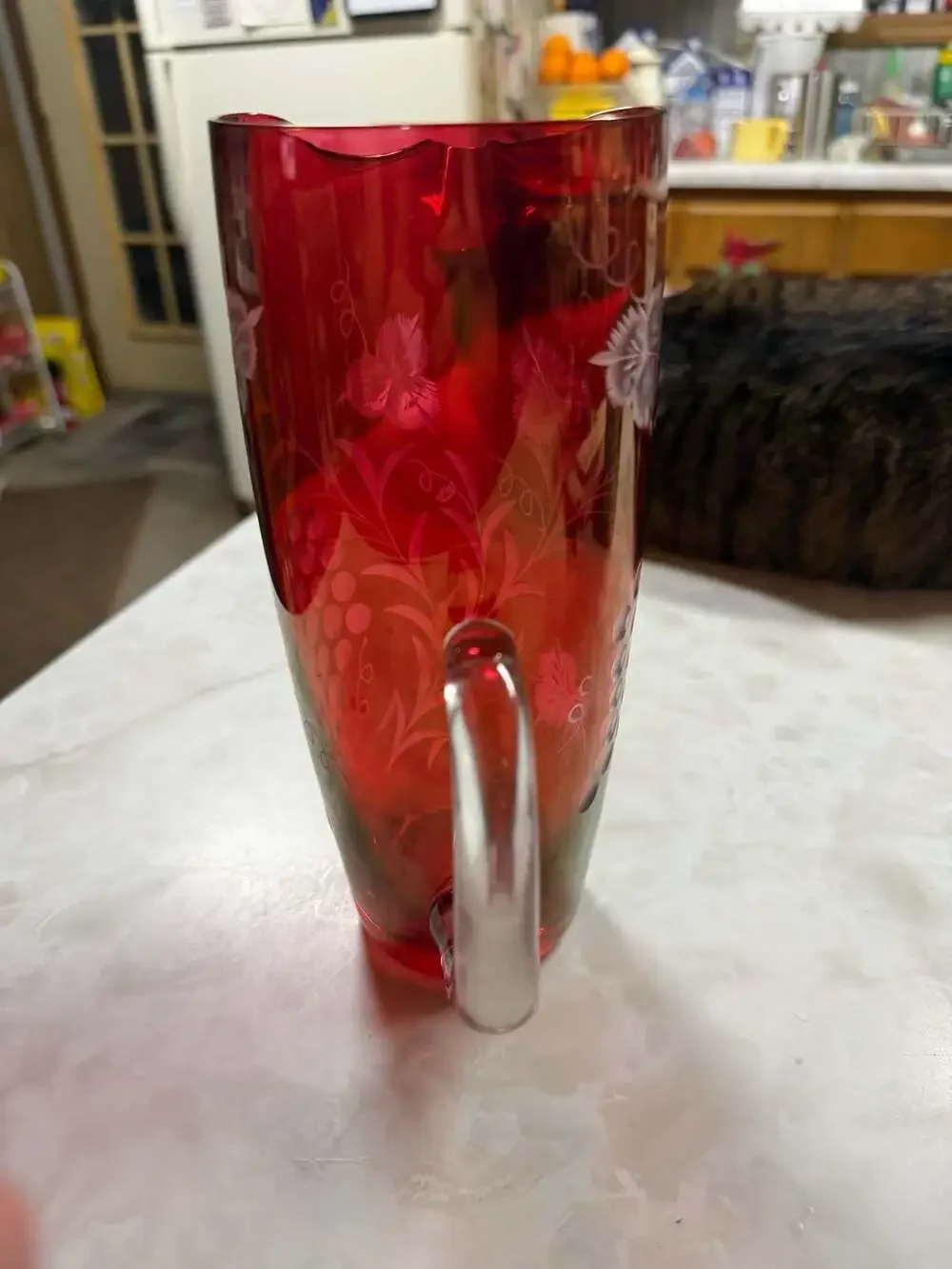 Vintage Ruby Red Glass Pitcher With Frosted Grape-And-Vine Motif And Clear Appli